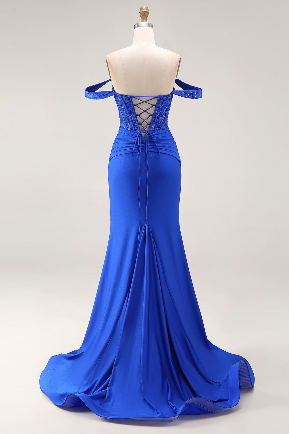 Off the Shoulder Sparkly Royal Blue Satin Corset Beaded Long Prom Dress with Slit