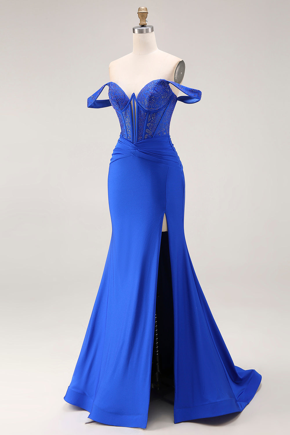 Off the Shoulder Sparkly Royal Blue Satin Corset Beaded Long Prom Dress with Slit