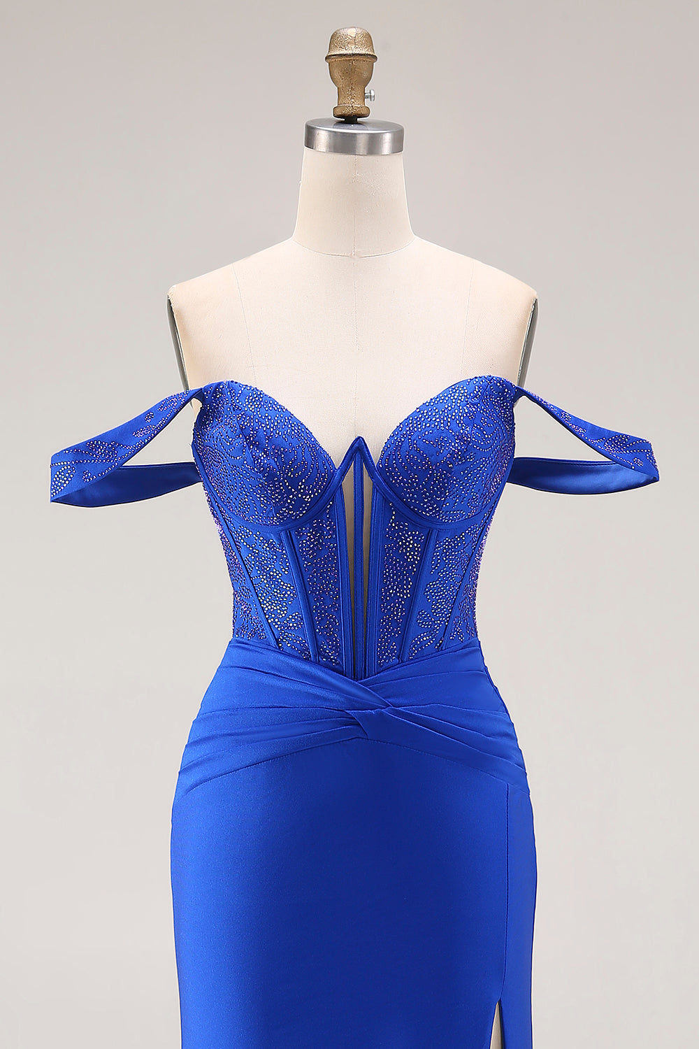 Off the Shoulder Sparkly Royal Blue Satin Corset Beaded Long Prom Dress with Slit