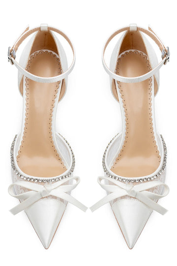 Sparkly Ivory Beaded Lace Pointed Toe Wedding Stiletto Heels with Bow
