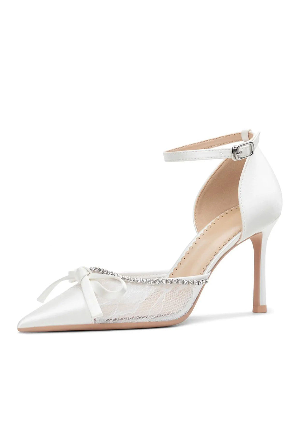 Sparkly Ivory Beaded Lace Pointed Toe Wedding Stiletto Heels with Bow