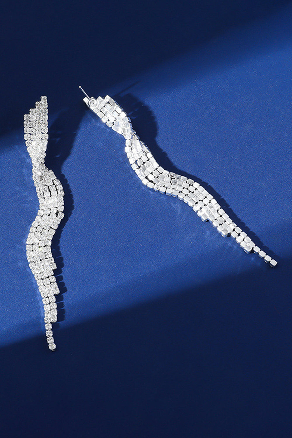 Sparkly Silver Long Wave Shaped Prom Drop Earrings with Rhinestones