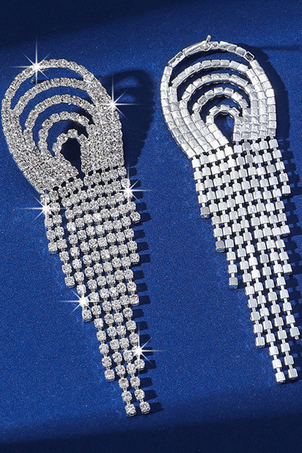 Sparkly Silver Fringed Fashion Party Drop Earrings with Rhinestones