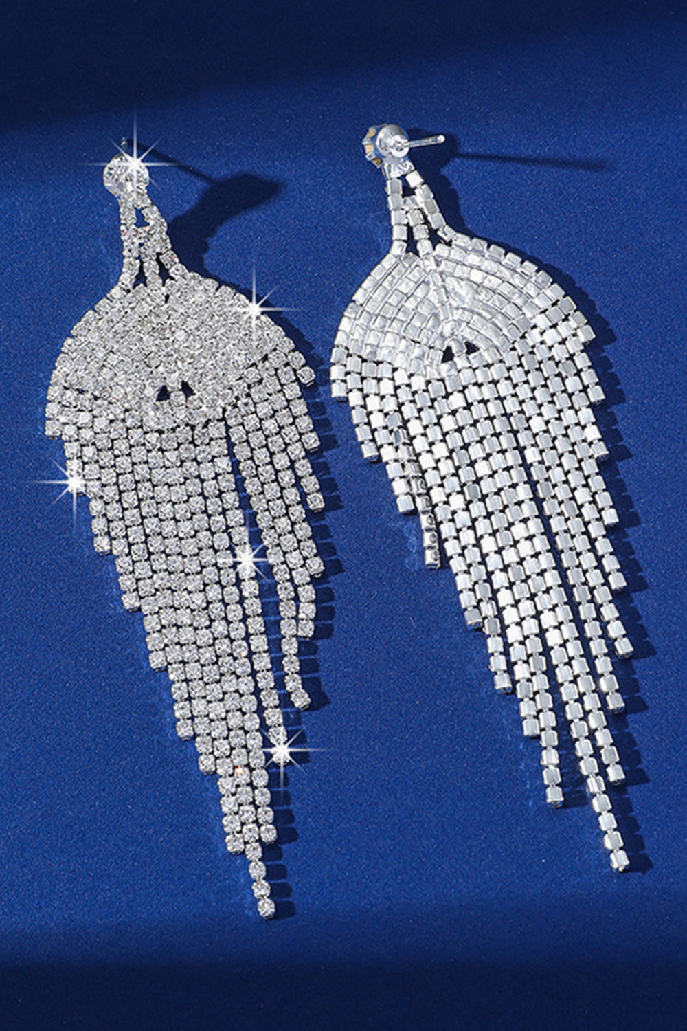 Sparkly Silver Teardrop Fringed Prom Drop Earrings with Rhinestones
