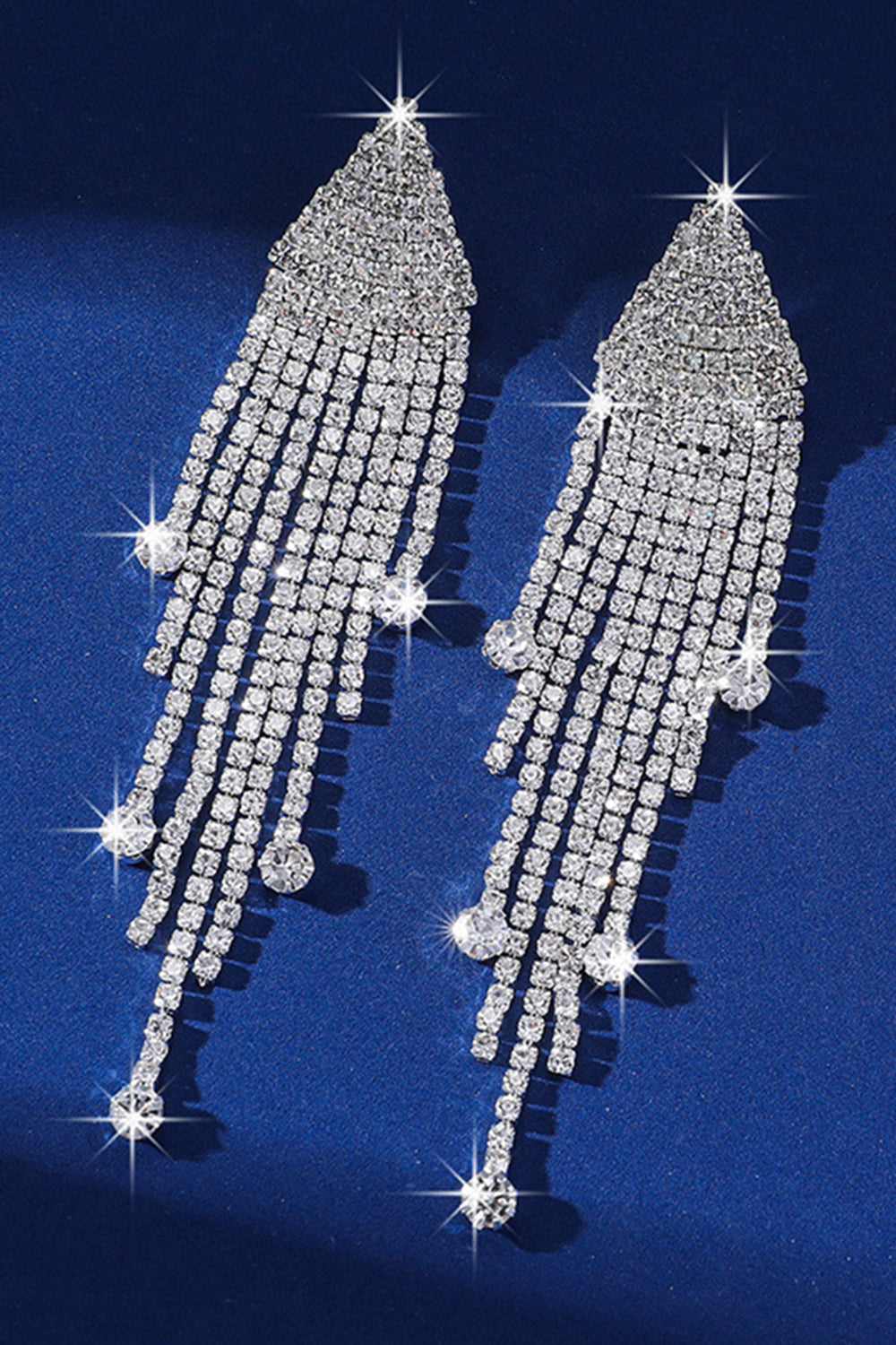 Sparkly Fashion Silver Fringed Prom Drop Earrings with Rhinestones
