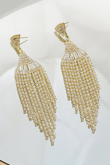 Sparkly Golden Fringed Party Drop Earrings with Rhinestones
