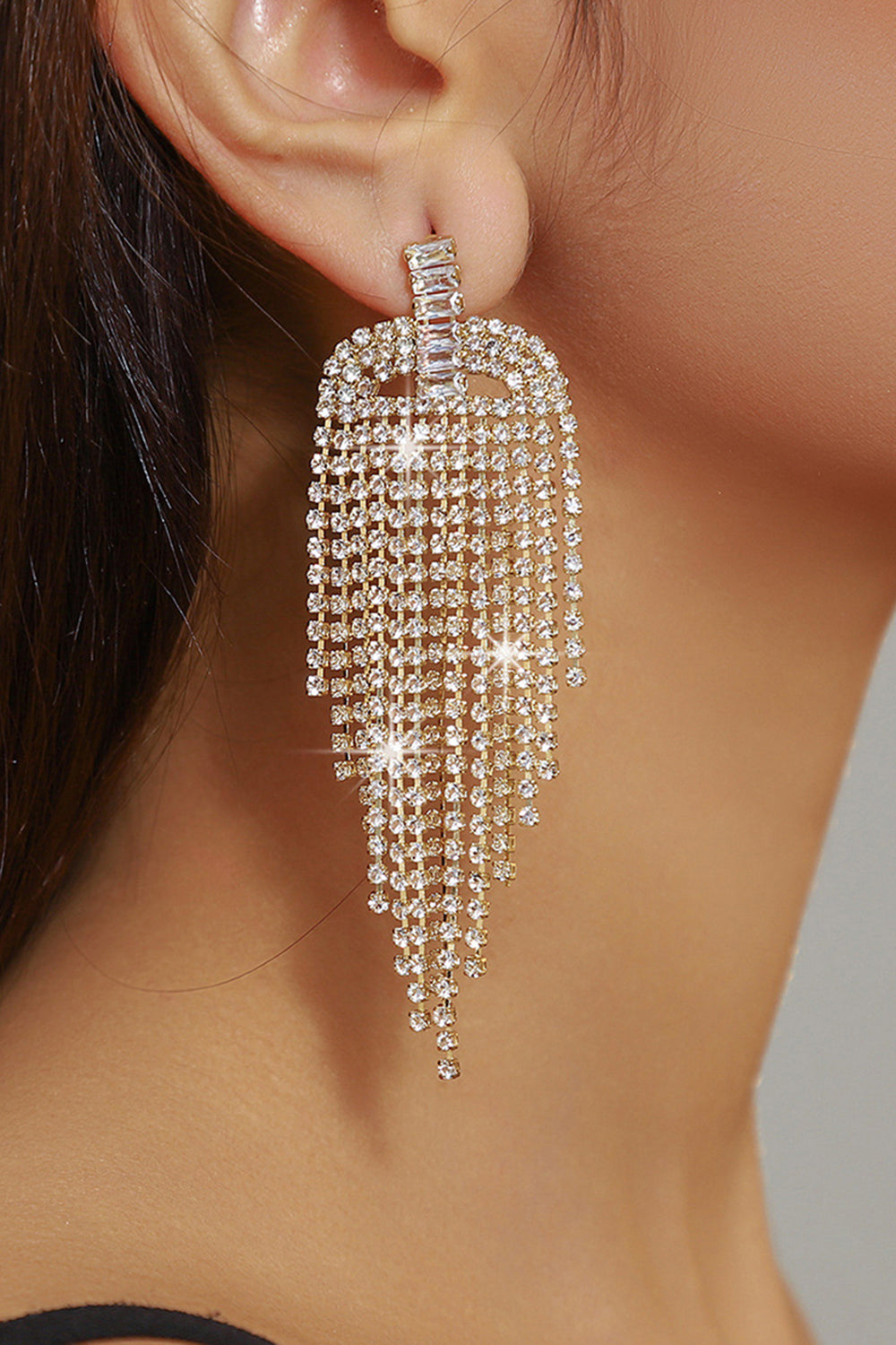 Sparkly Golden Fringed Fashion Prom Drop Earrings with Rhinestones