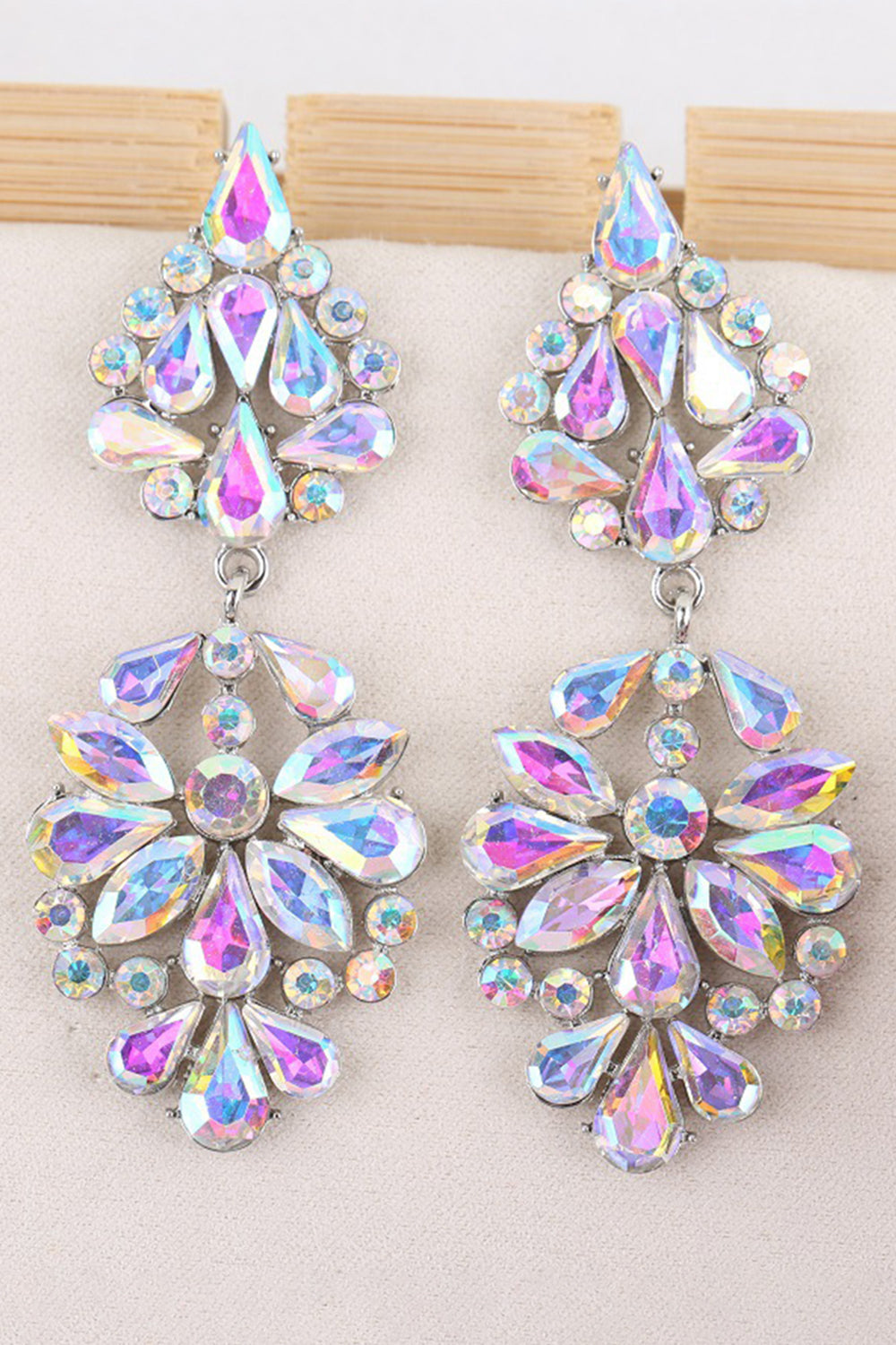Sparkly Pink Flower Shaped Prom Drop Earrings with Rhinestones