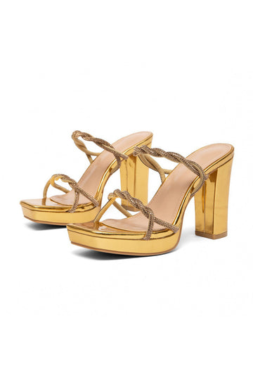 Sparkly Golden Chunky Prom High Heels with Rhinestones