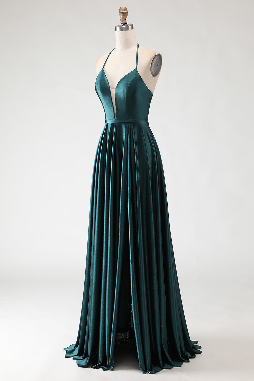 Sparkly Dark Green Halter Neck A Line Long Prom Dress with Slit