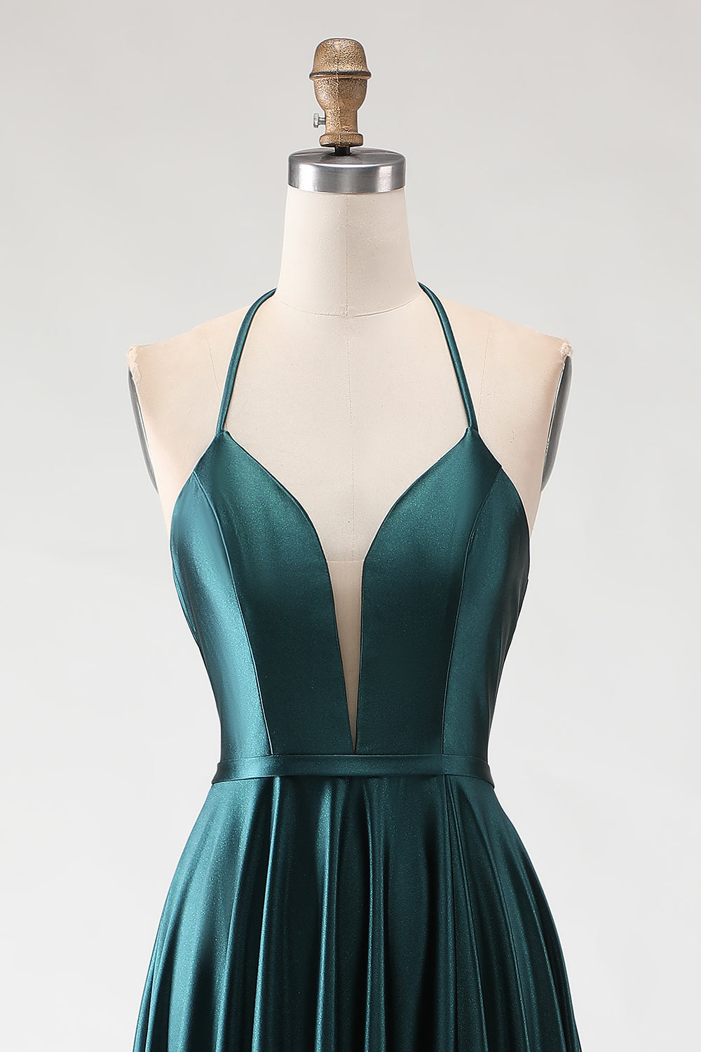 Sparkly Dark Green Halter Neck A Line Long Prom Dress with Slit