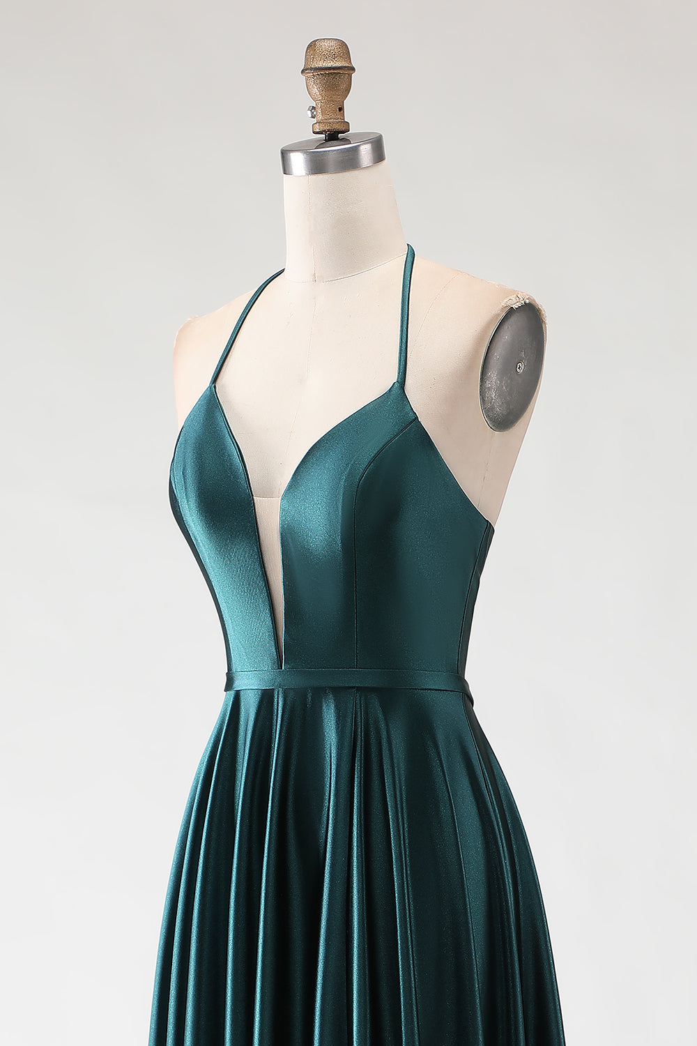 Sparkly Dark Green Halter Neck A Line Long Prom Dress with Slit