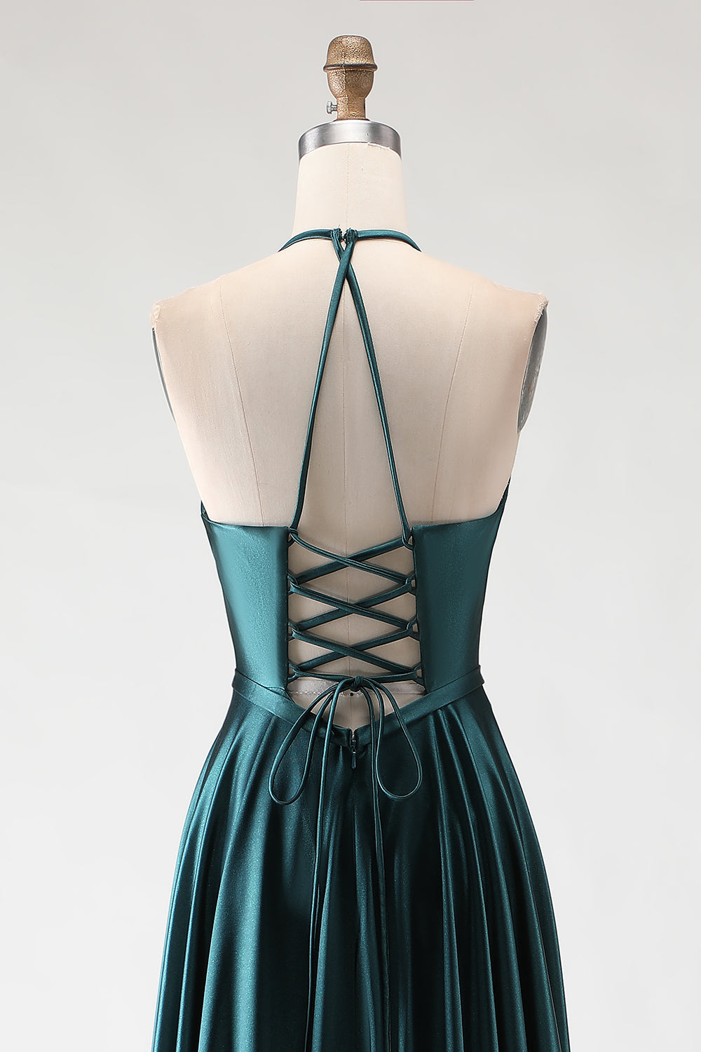 Sparkly Dark Green Halter Neck A Line Long Prom Dress with Slit