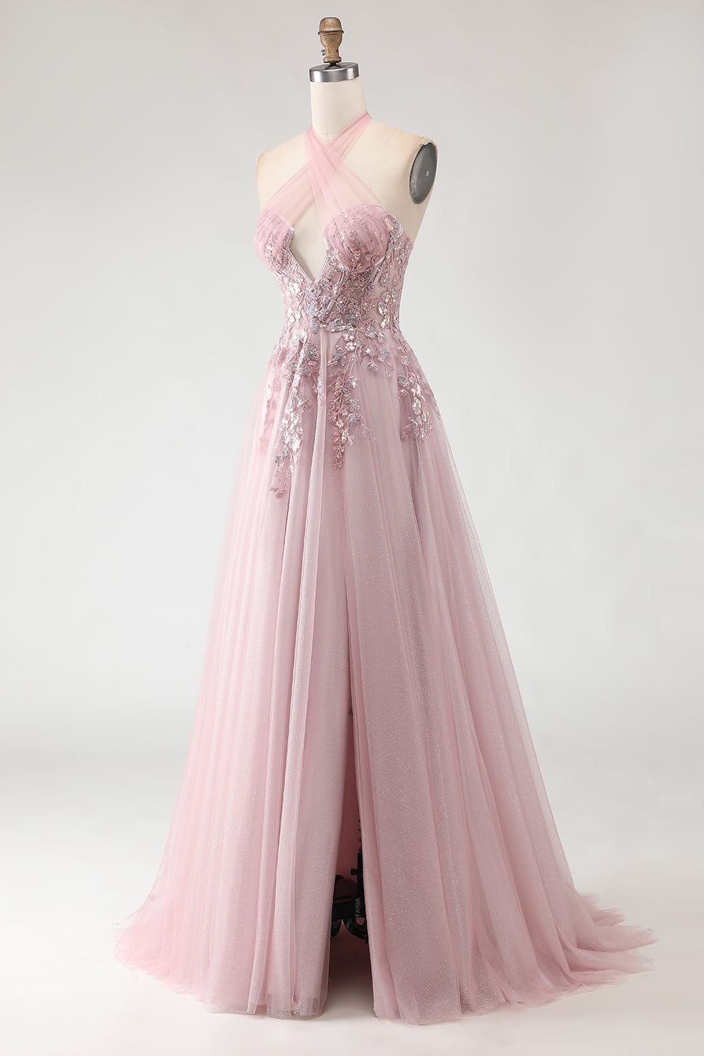 Sparkly Blush Pink A-Line Tulle Long Prom Dress with Appliques