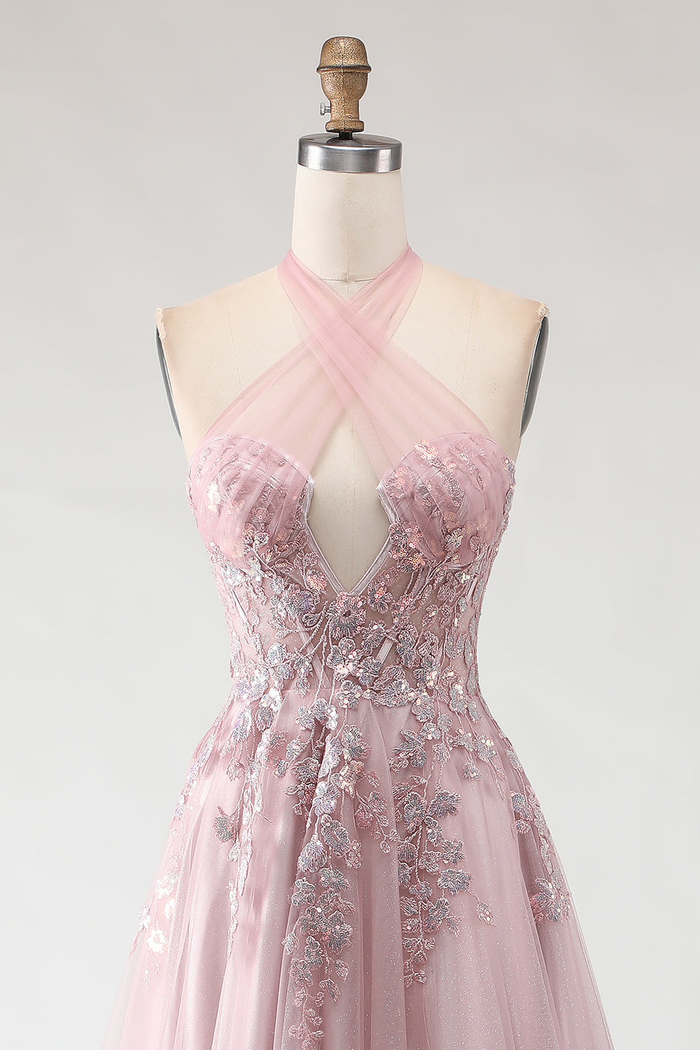 Sparkly Blush Pink A-Line Tulle Long Prom Dress with Appliques