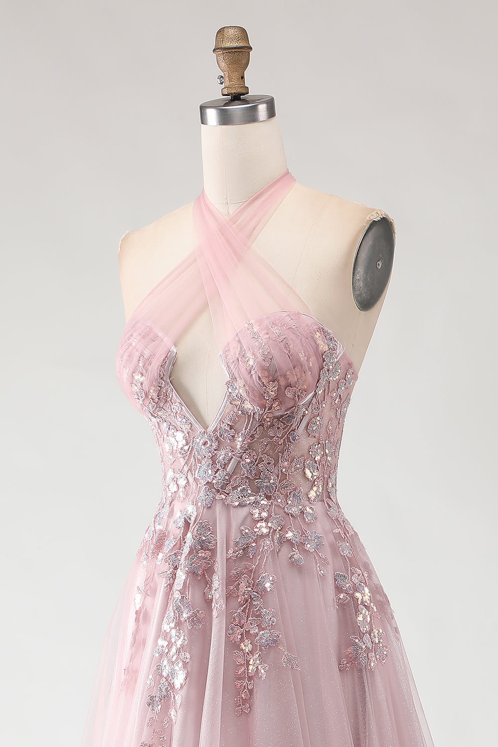 Sparkly Blush Pink A-Line Tulle Long Prom Dress with Appliques