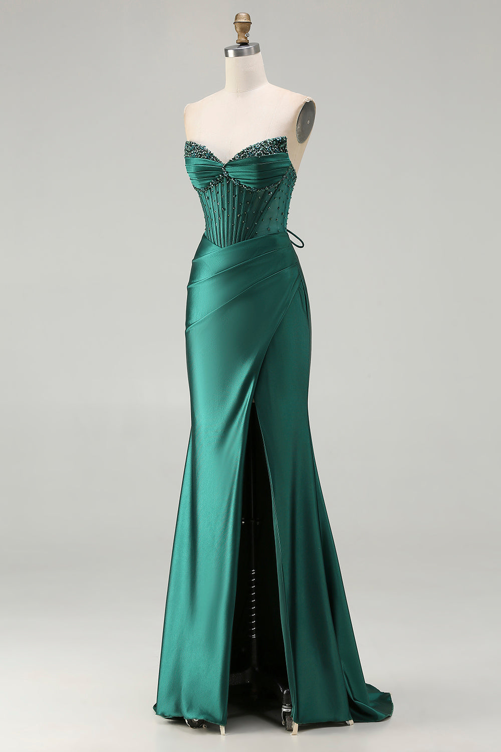Sparkly Dark Green Beaded Mermaid Long Corset Prom Dress with Slit