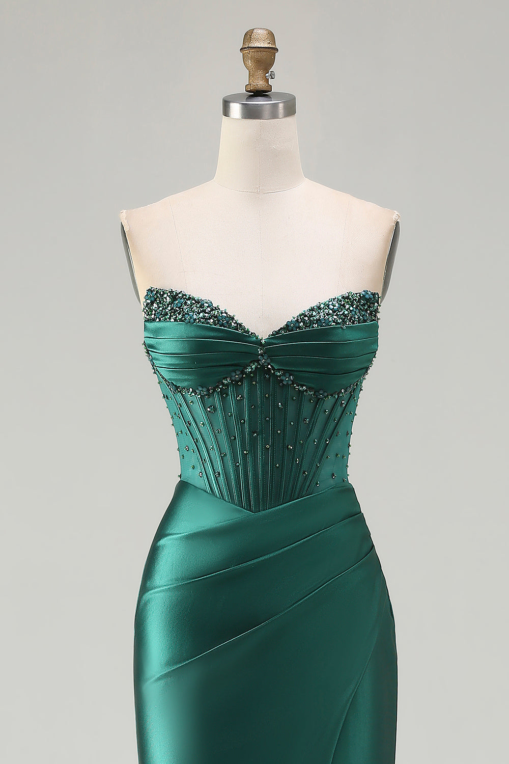 Sparkly Dark Green Beaded Mermaid Long Corset Prom Dress with Slit