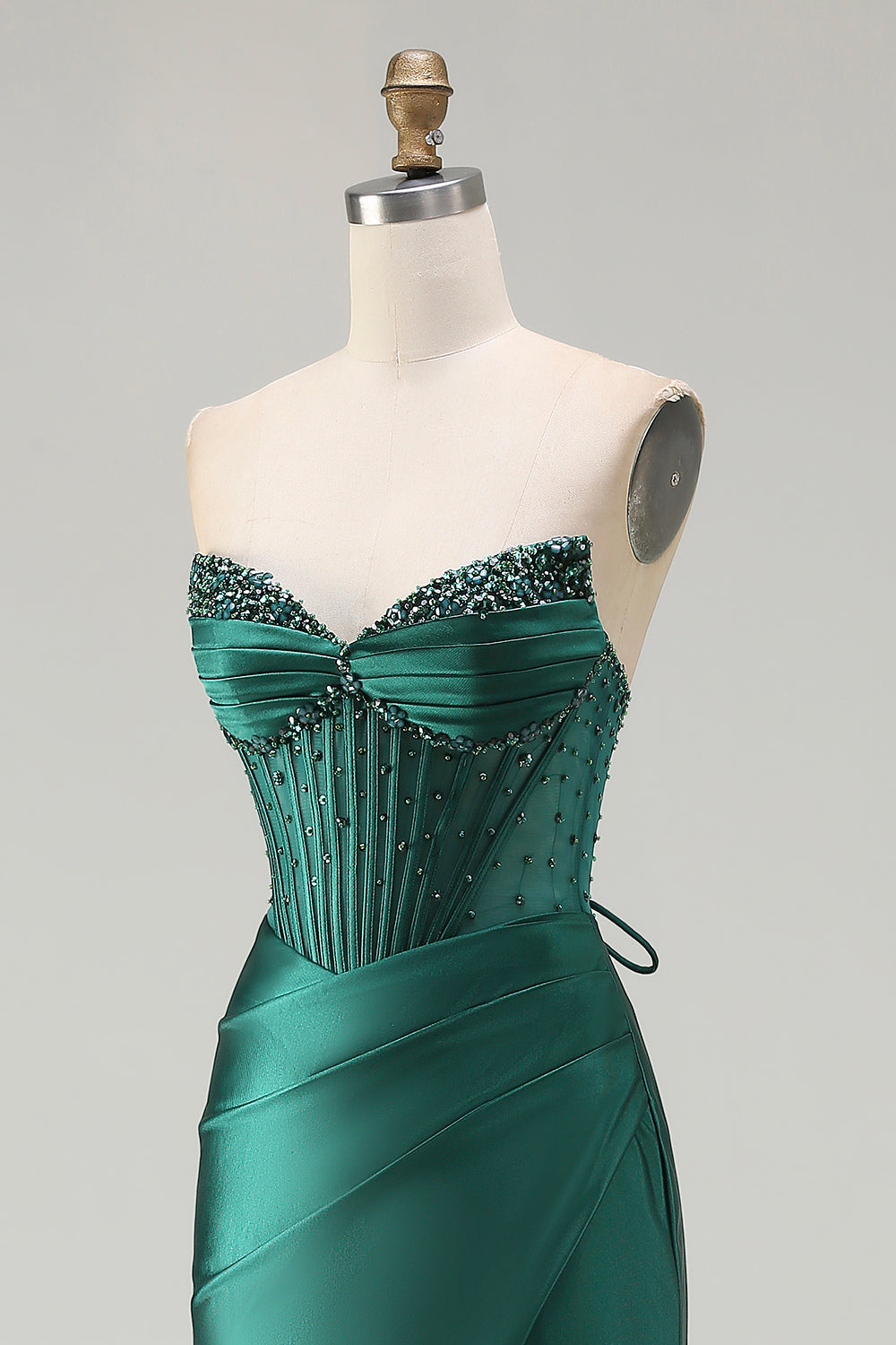 Sparkly Dark Green Beaded Mermaid Long Corset Prom Dress with Slit