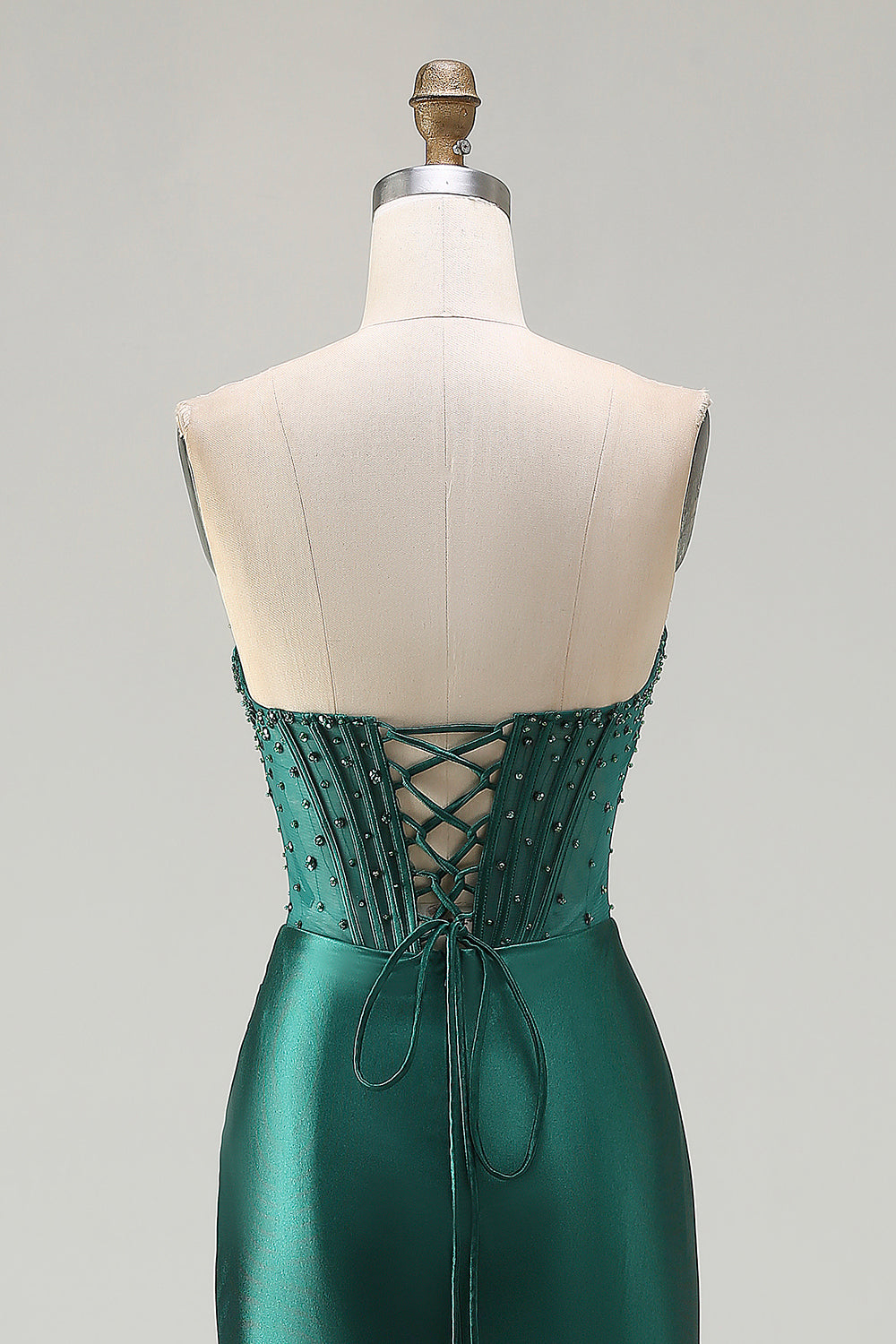 Sparkly Dark Green Beaded Mermaid Long Corset Prom Dress with Slit