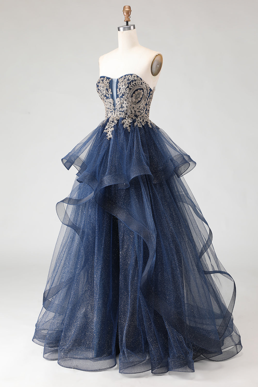 Sparkly Floral Navy A Line Ruffled Princess Long Prom Dress with Appliques