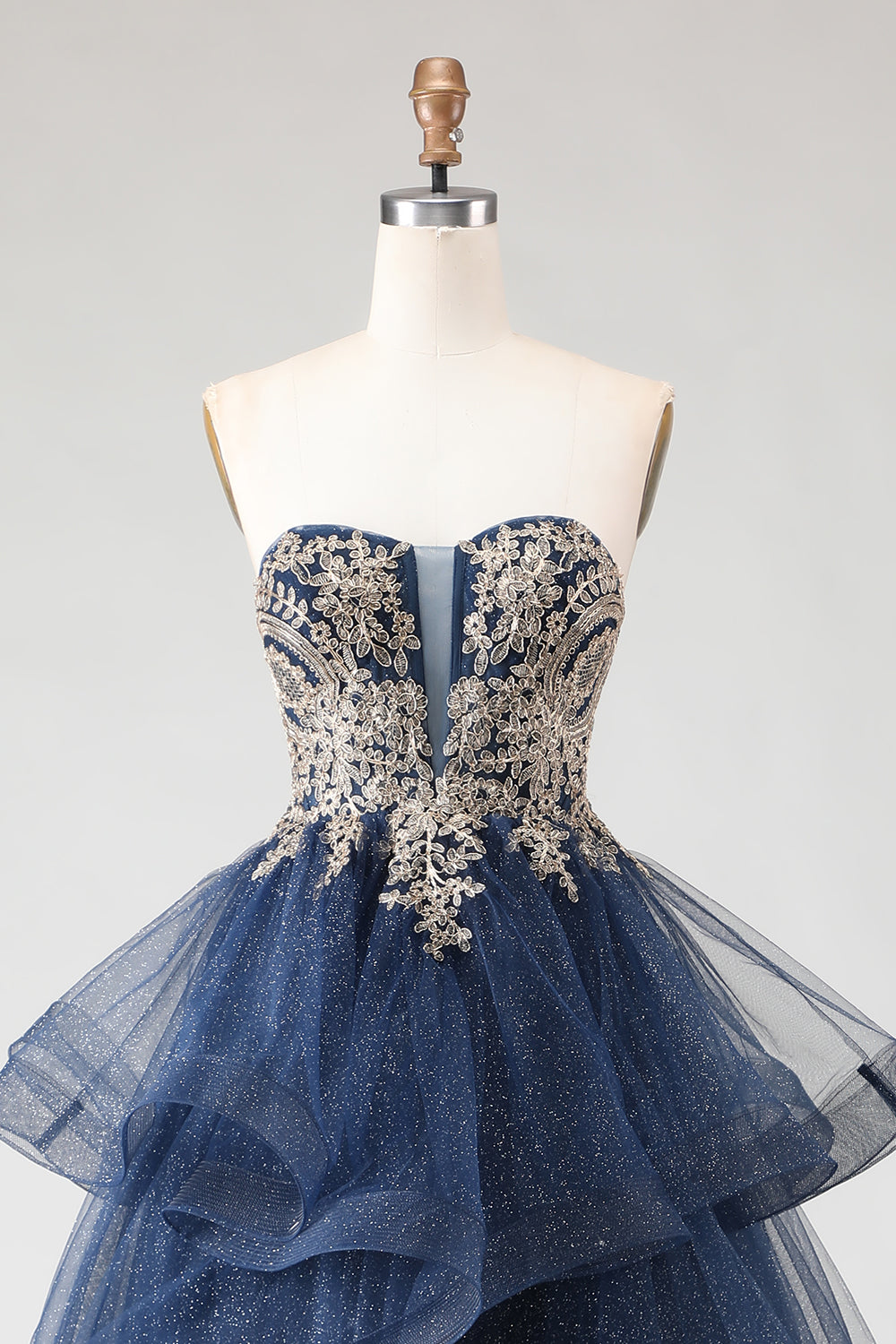Sparkly Floral Navy A Line Ruffled Princess Long Prom Dress with Appliques
