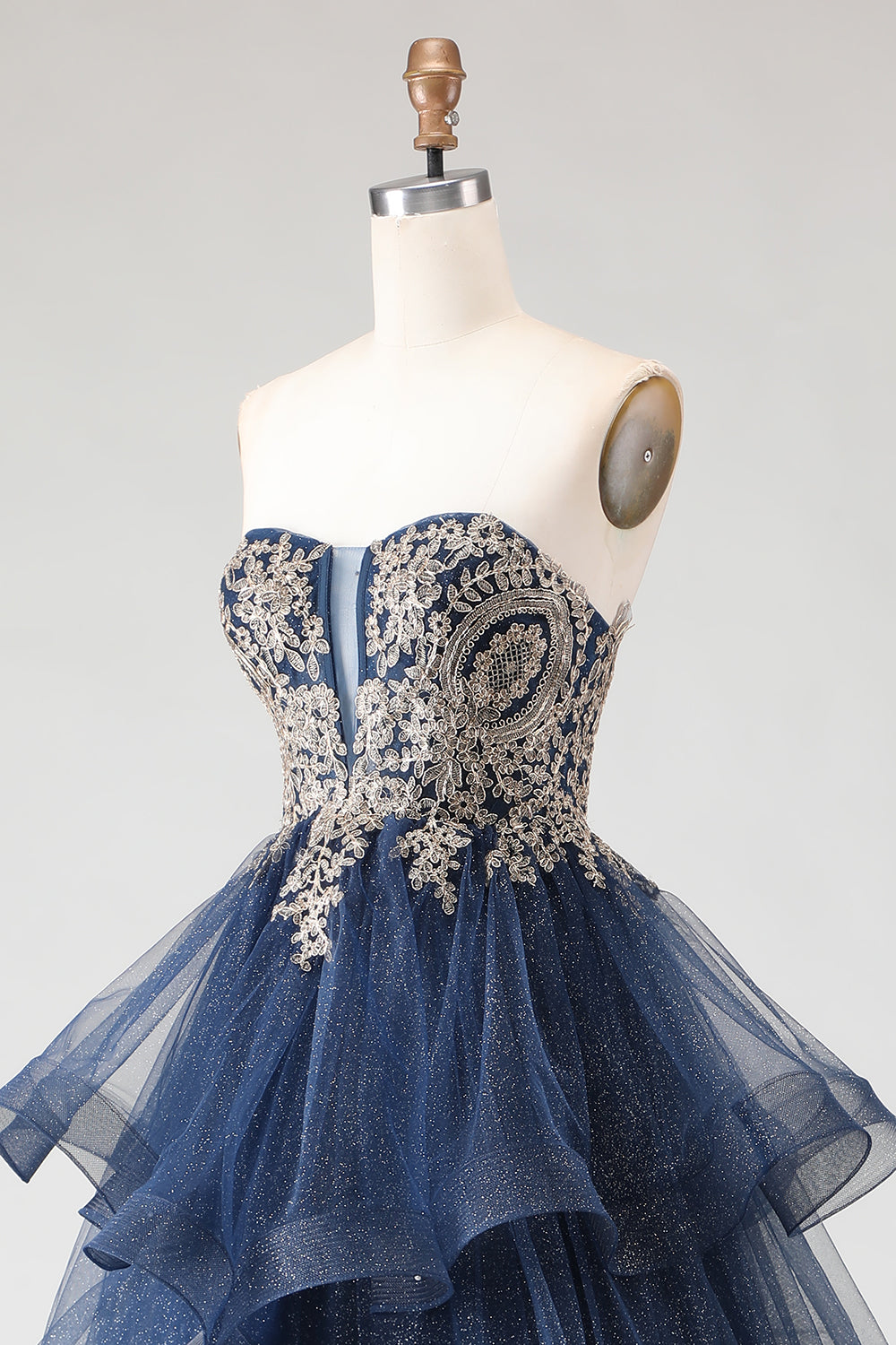 Sparkly Floral Navy A Line Ruffled Princess Long Prom Dress with Appliques