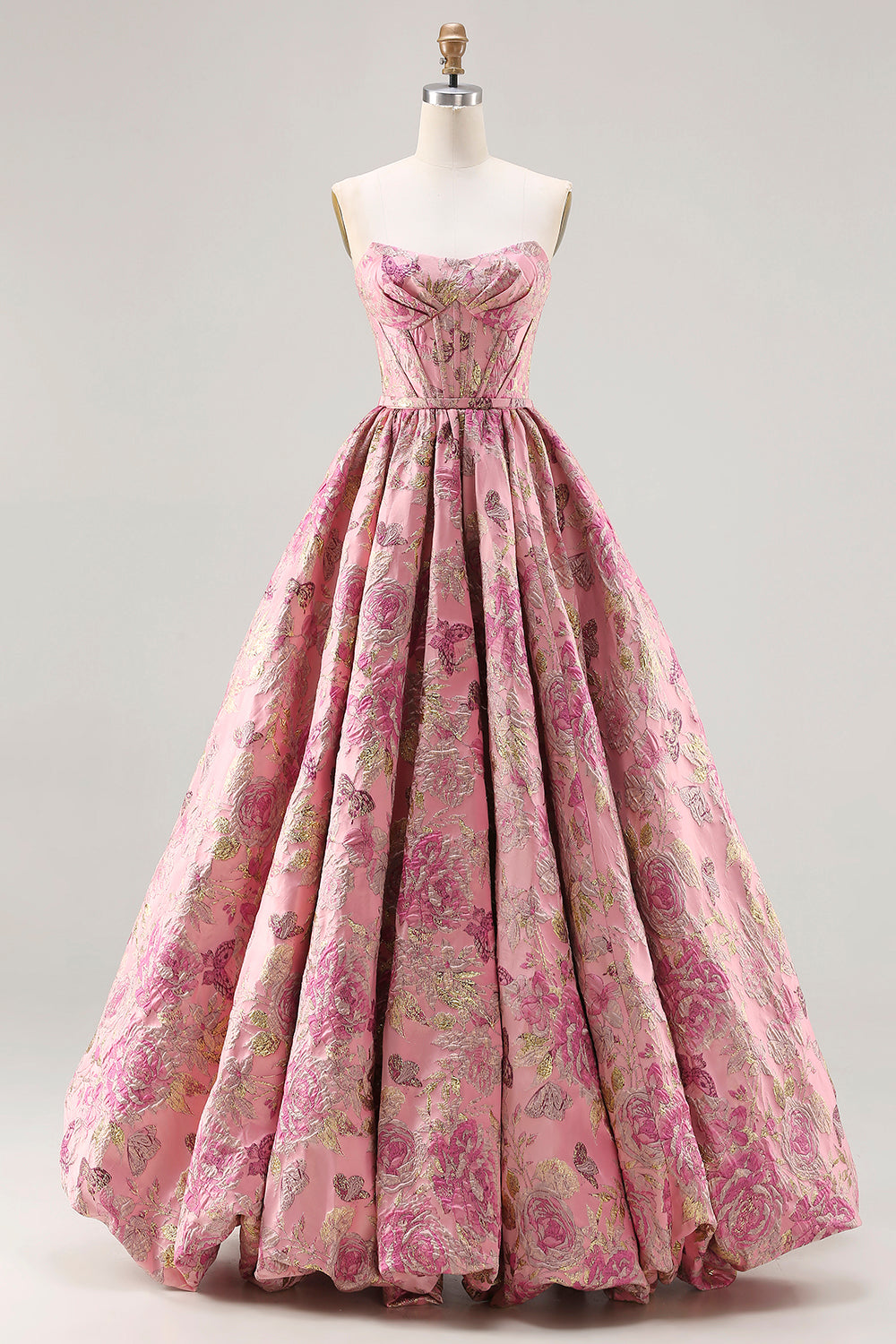 Plus Size Floral Pink A Line Jacquard Strapless Long Corset Prom Dress