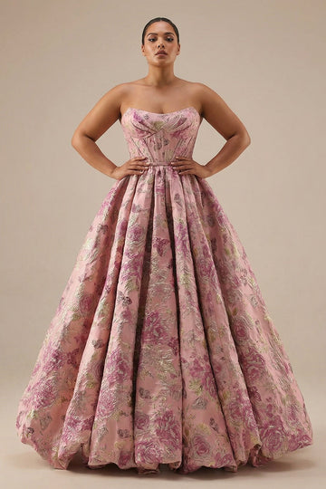 Plus Size Floral Pink A Line Jacquard Strapless Long Corset Prom Dress
