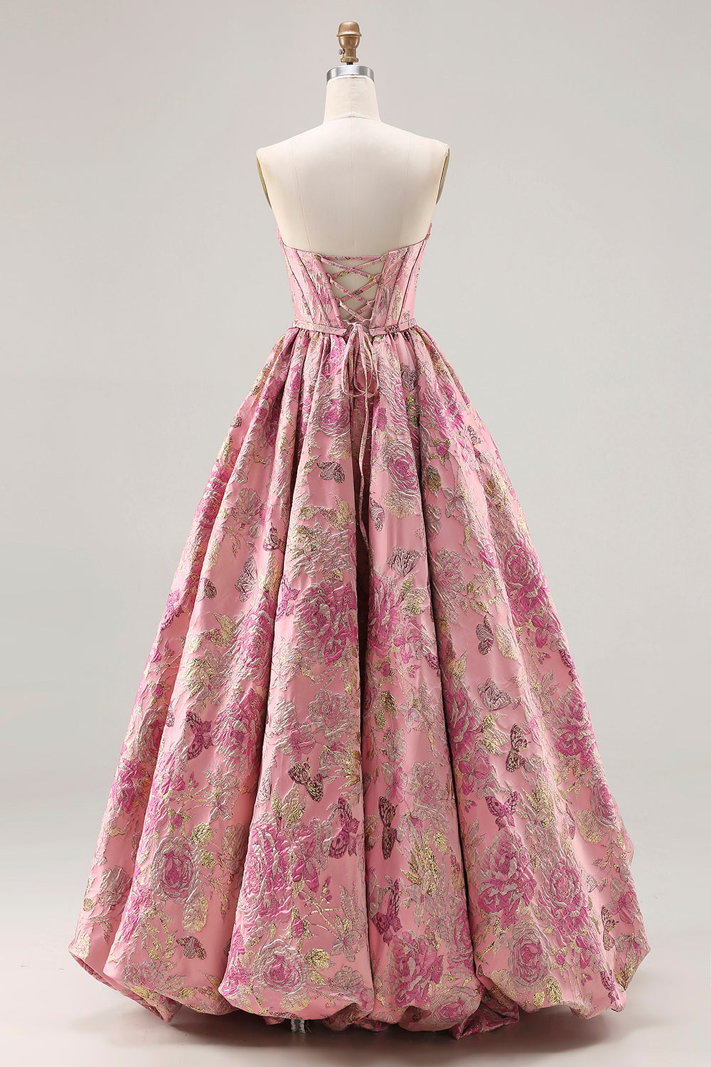 Plus Size Floral Pink A Line Jacquard Strapless Long Corset Prom Dress