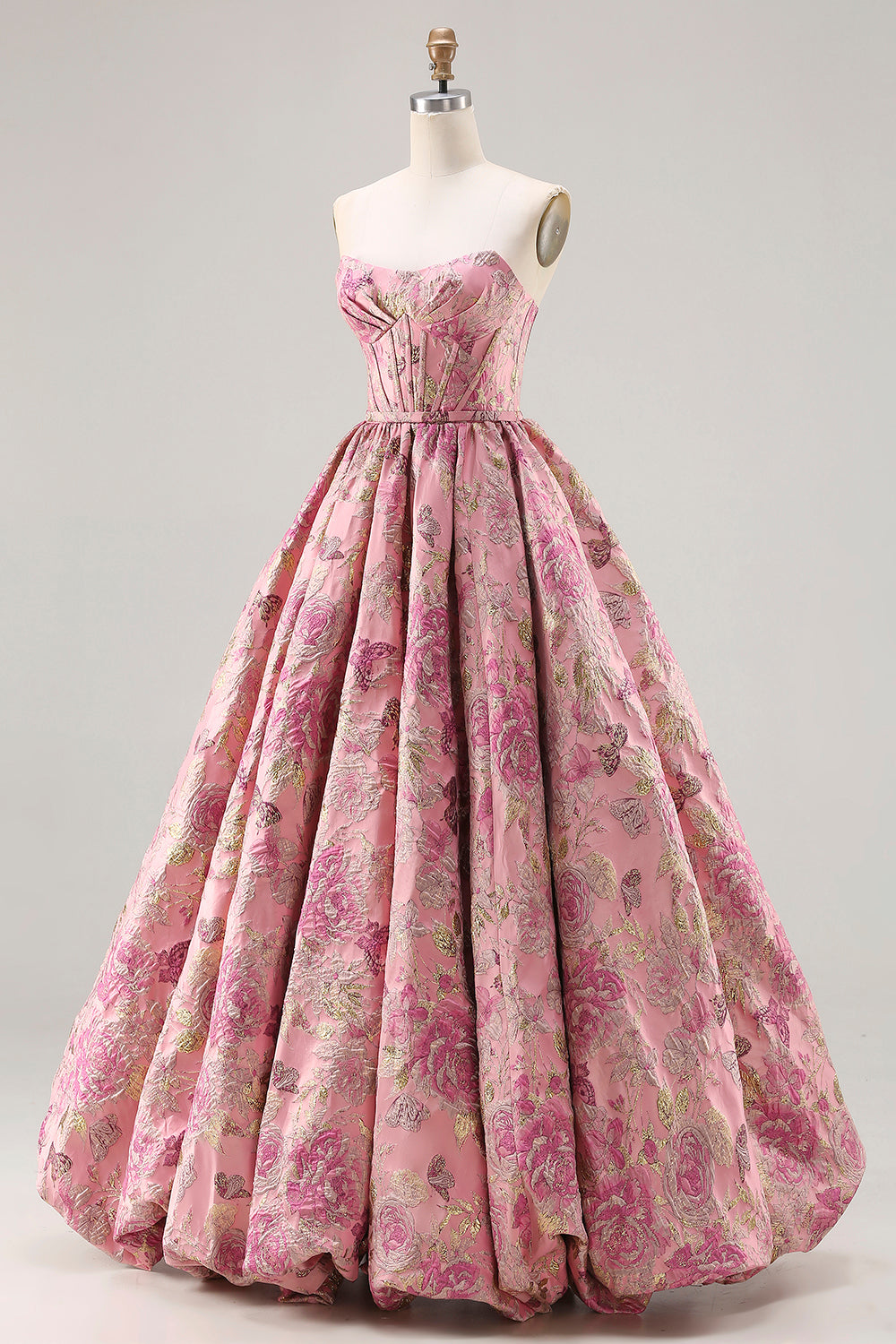 Plus Size Floral Pink A Line Jacquard Strapless Long Corset Prom Dress