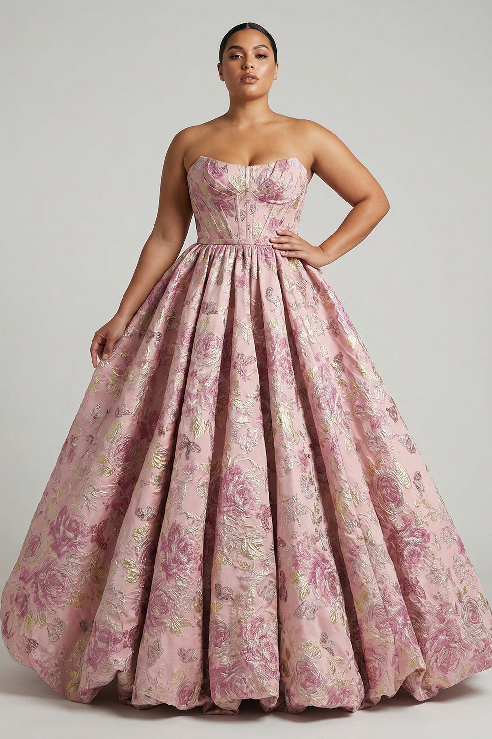 Plus Size Floral Pink A Line Jacquard Strapless Long Corset Prom Dress