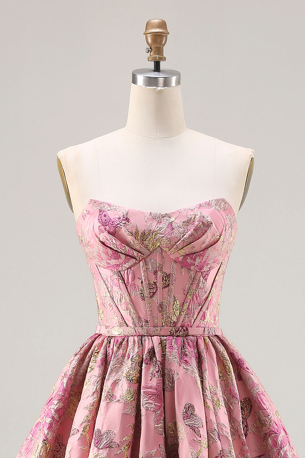 Plus Size Floral Pink A Line Jacquard Strapless Long Corset Prom Dress