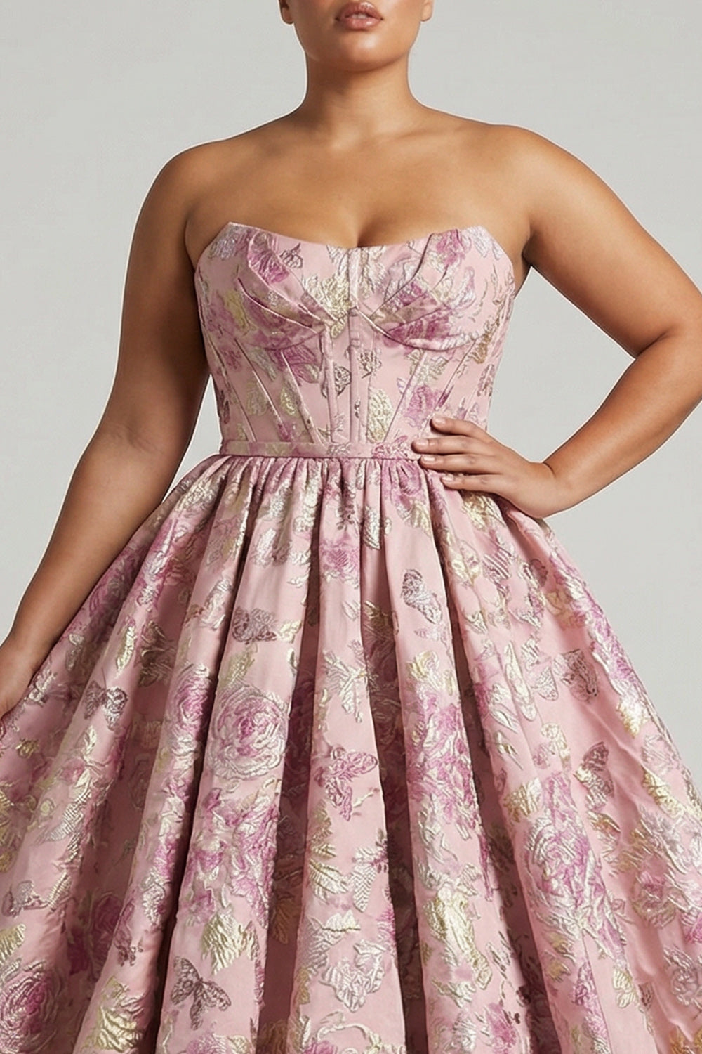 Plus Size Floral Pink A Line Jacquard Strapless Long Corset Prom Dress