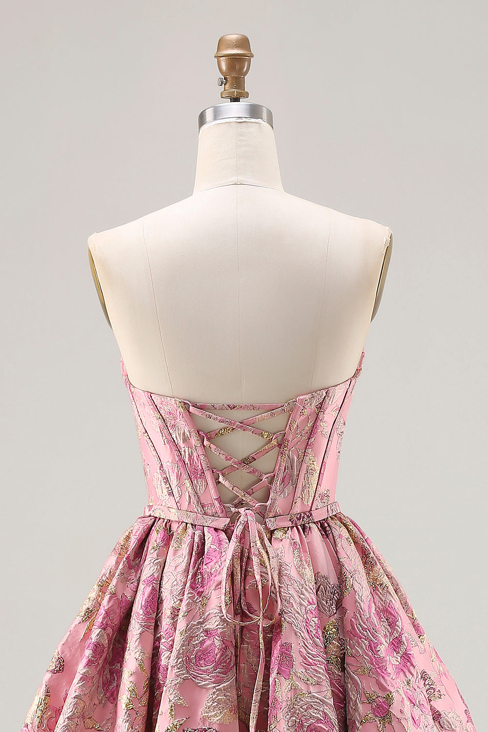 Plus Size Floral Pink A Line Jacquard Strapless Long Corset Prom Dress