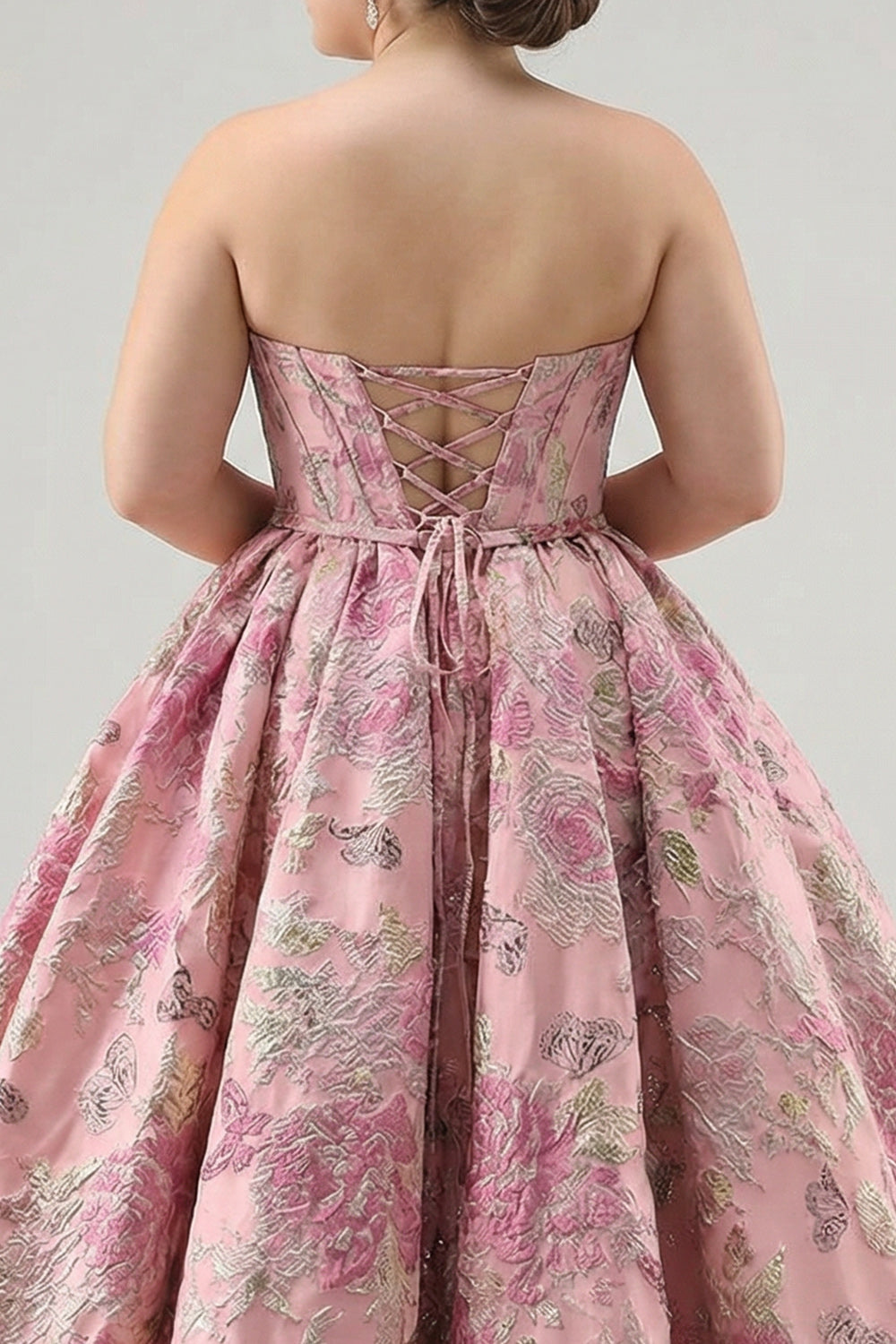 Plus Size Floral Pink A Line Jacquard Strapless Long Corset Prom Dress