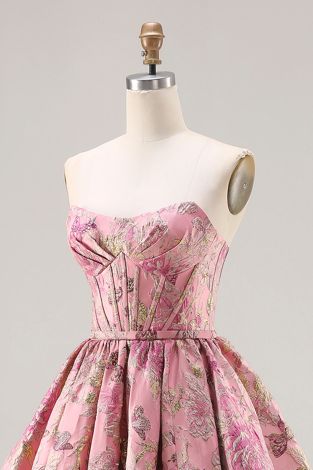 Plus Size Floral Pink A Line Jacquard Strapless Long Corset Prom Dress