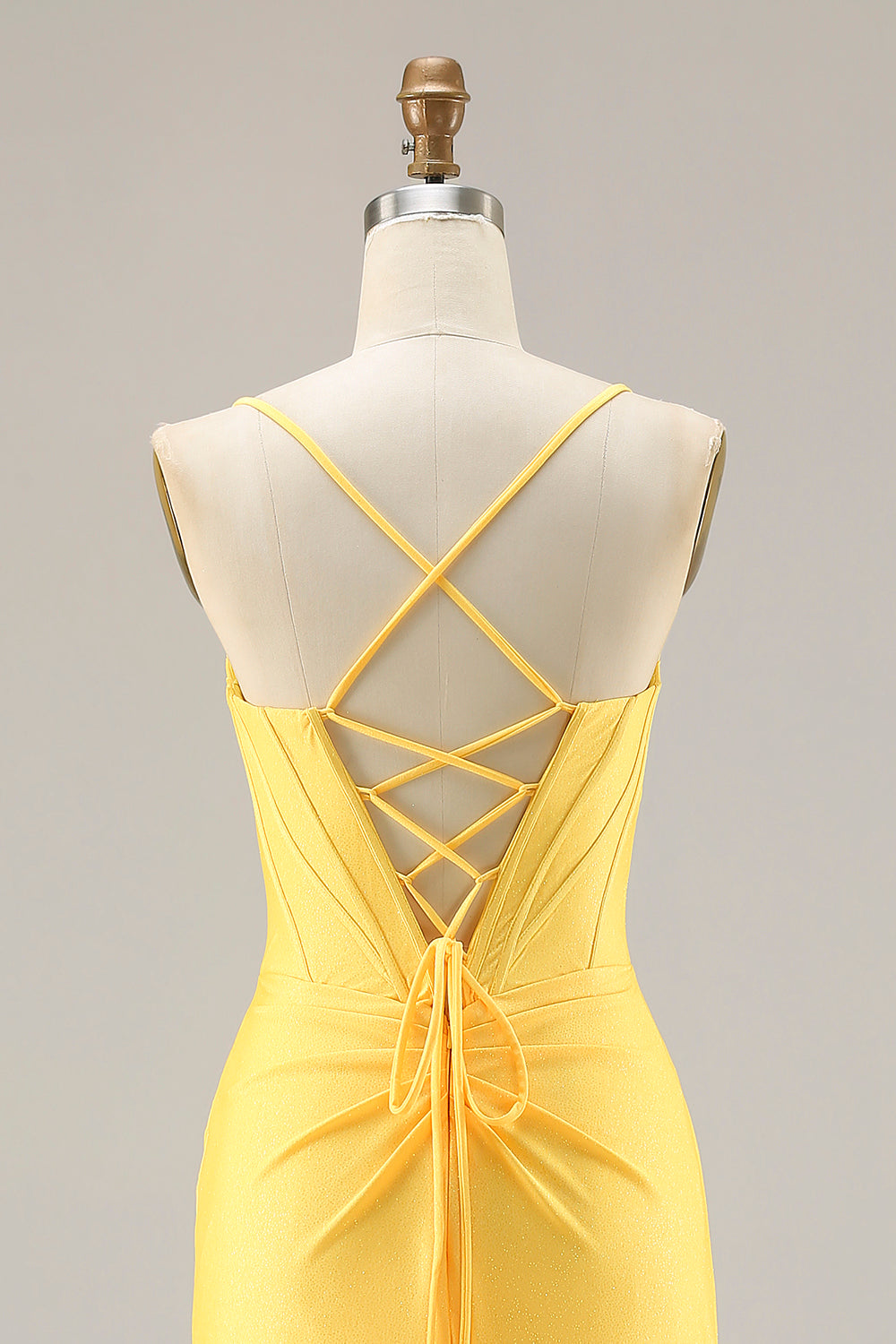 Sparkly Yellow Mermaid Ruched Long Corset Prom Dress with Beading
