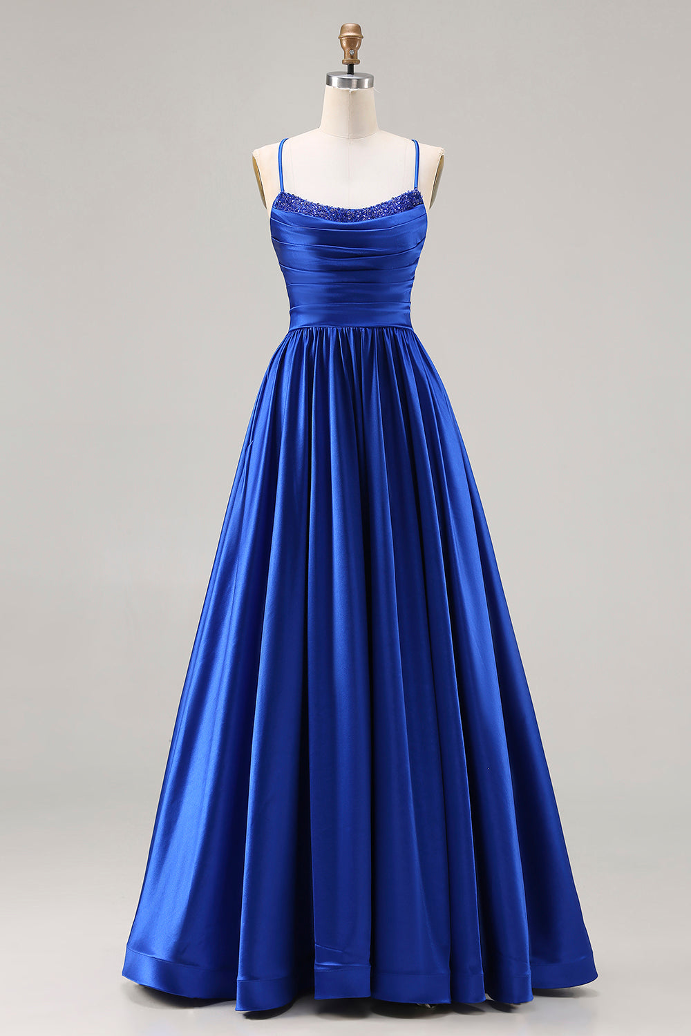 Royal Blue Satin A Line Spaghetti Straps Long Prom Dress with Beading