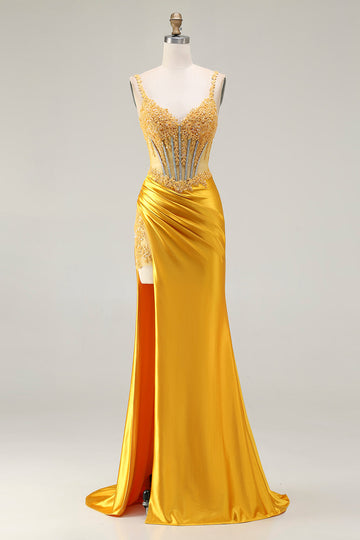 Sparkly Yellow Mermaid Satin Ruched Long Corset Prom Dress with Slit
