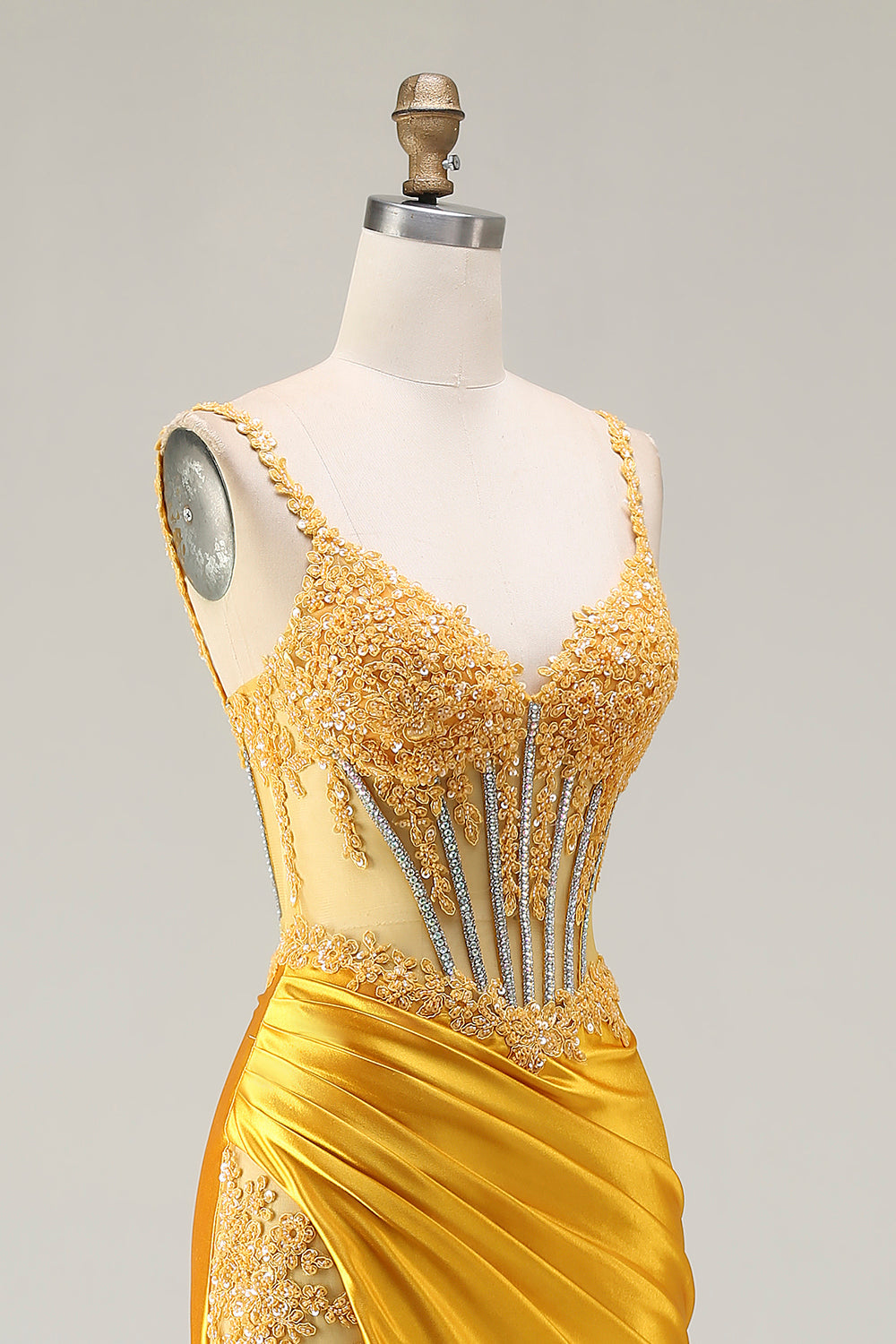 Sparkly Yellow Mermaid Satin Ruched Long Corset Prom Dress with Slit