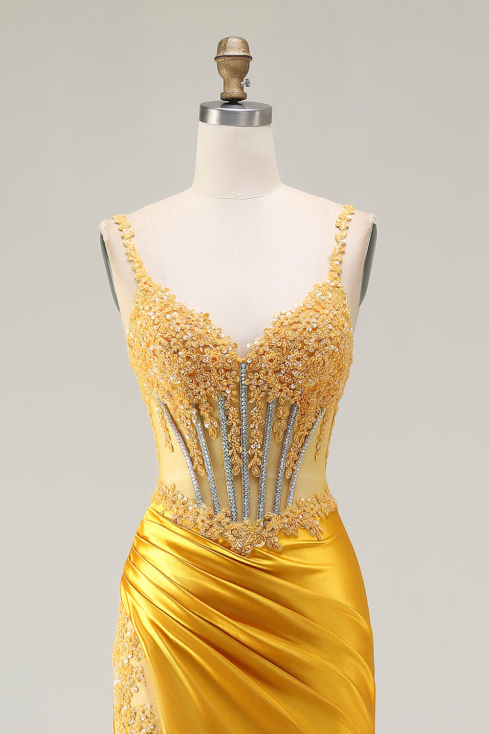 Sparkly Yellow Mermaid Satin Ruched Long Corset Prom Dress with Slit