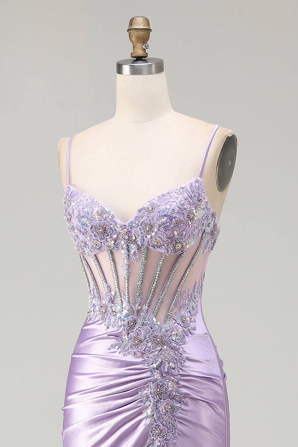 Sparkly Floral Light Purple Sequin Long Corset Prom Dress with Slit