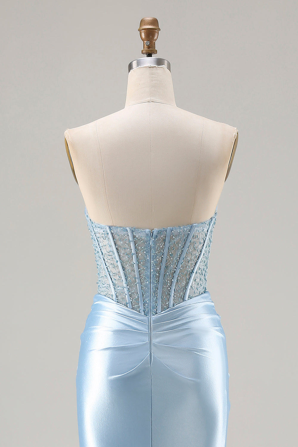 Sparkly Sky Blue Sweetheart Mermaid Beaded Long Corset Prom Dress with Slit
