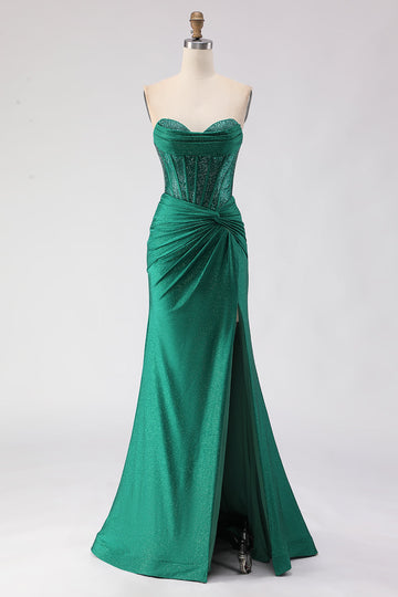 Sparkly Dark Green Sweetheart Mermaid Long Corset Prom Dress with Slit