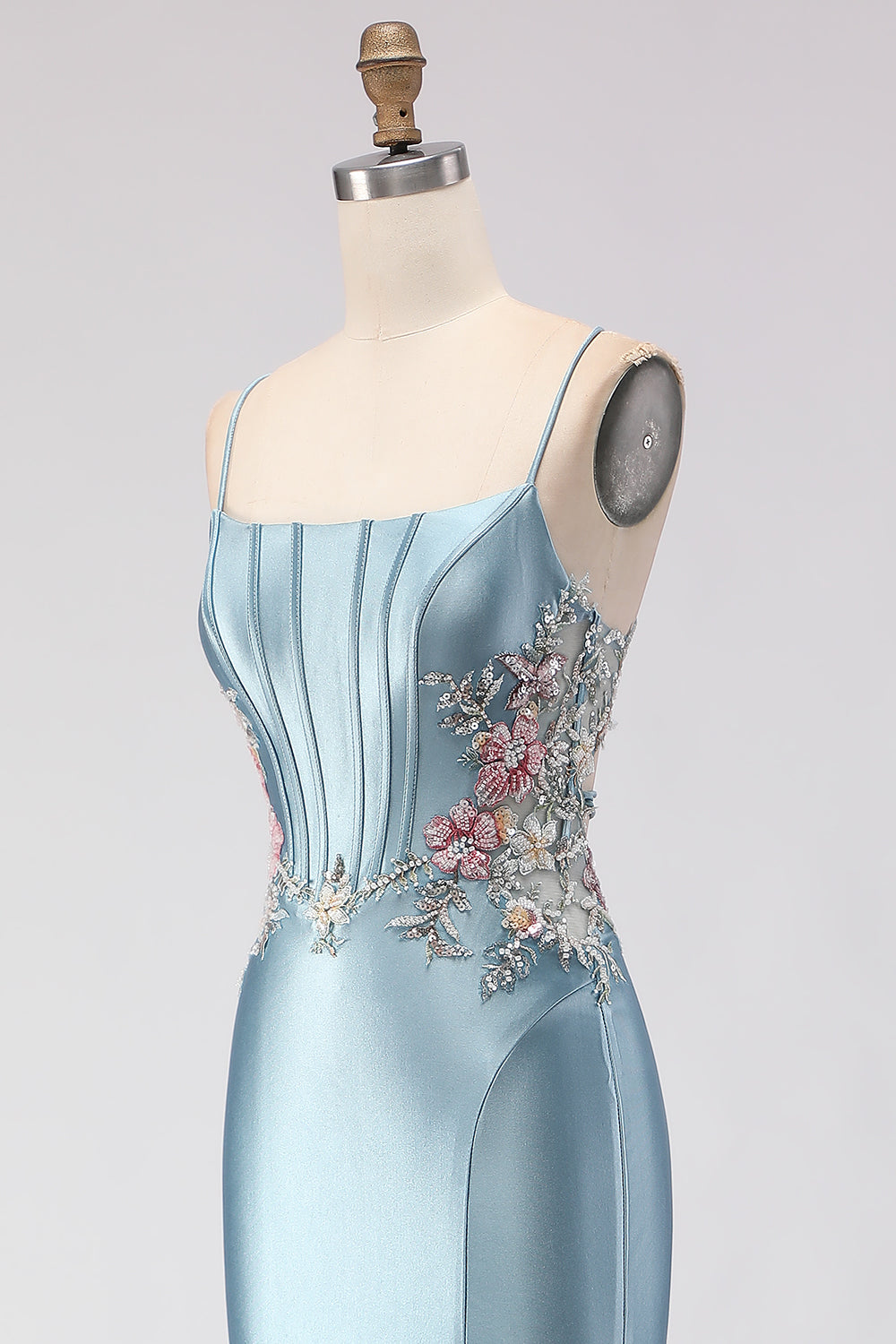 Floral Grey Blue Mermaid Spaghetti Straps Long Corset Prom Dress with Slit