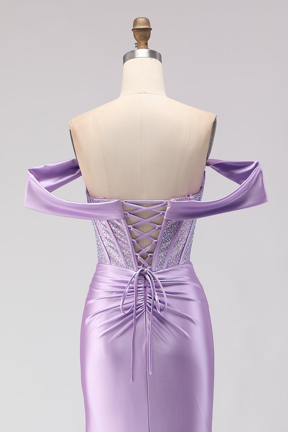 Sparkly Purple Beaded Off the Shoulder Long Corset Prom Dress with Slit