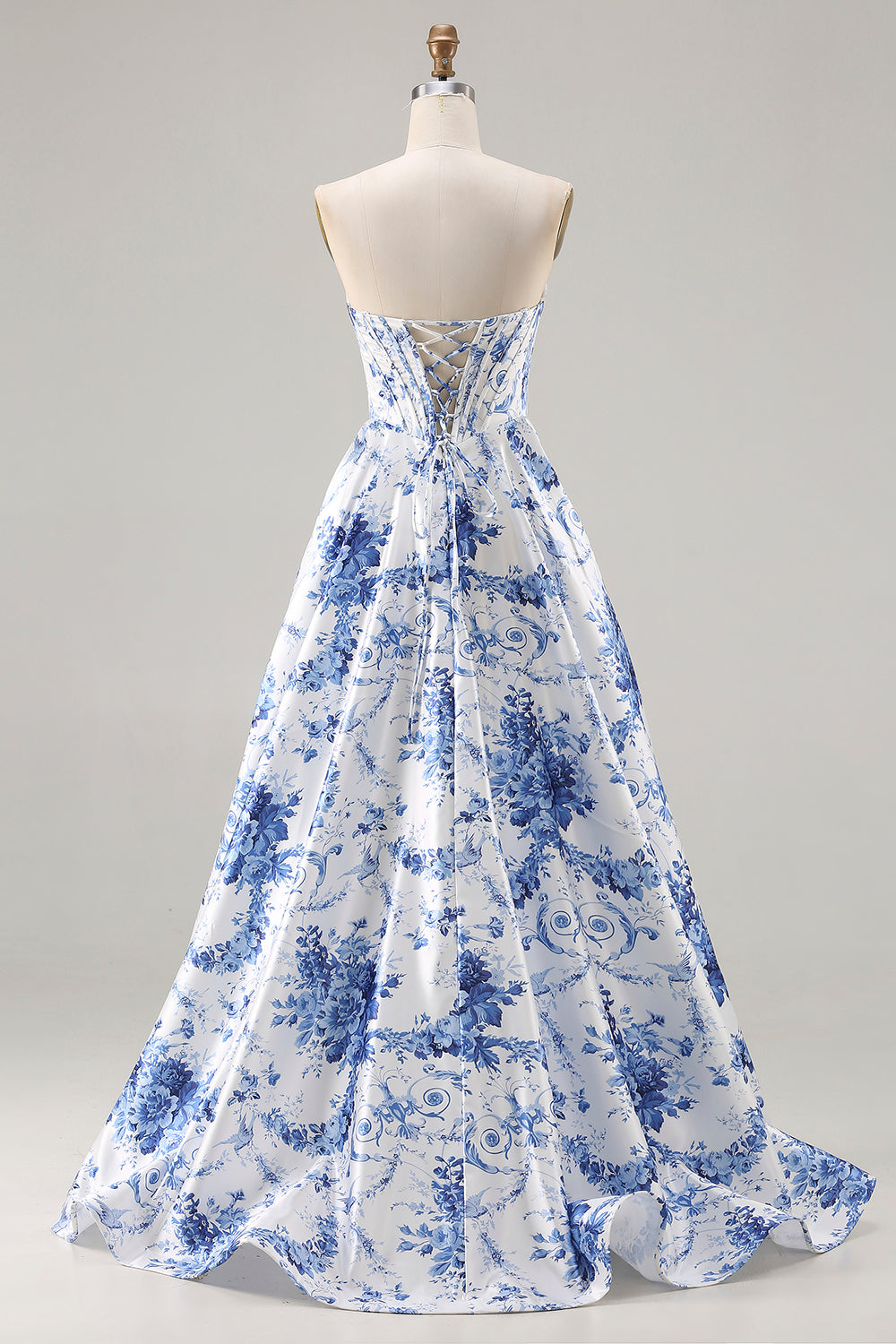 Floral Blue A Line Strapless Long Corset Prom Dress with Slit