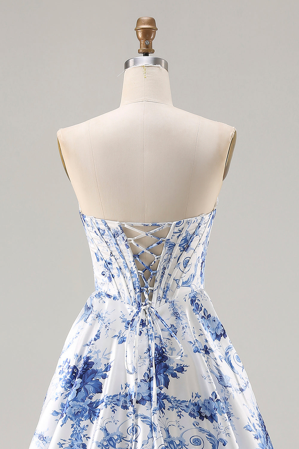 Floral Blue A Line Strapless Long Corset Prom Dress with Slit