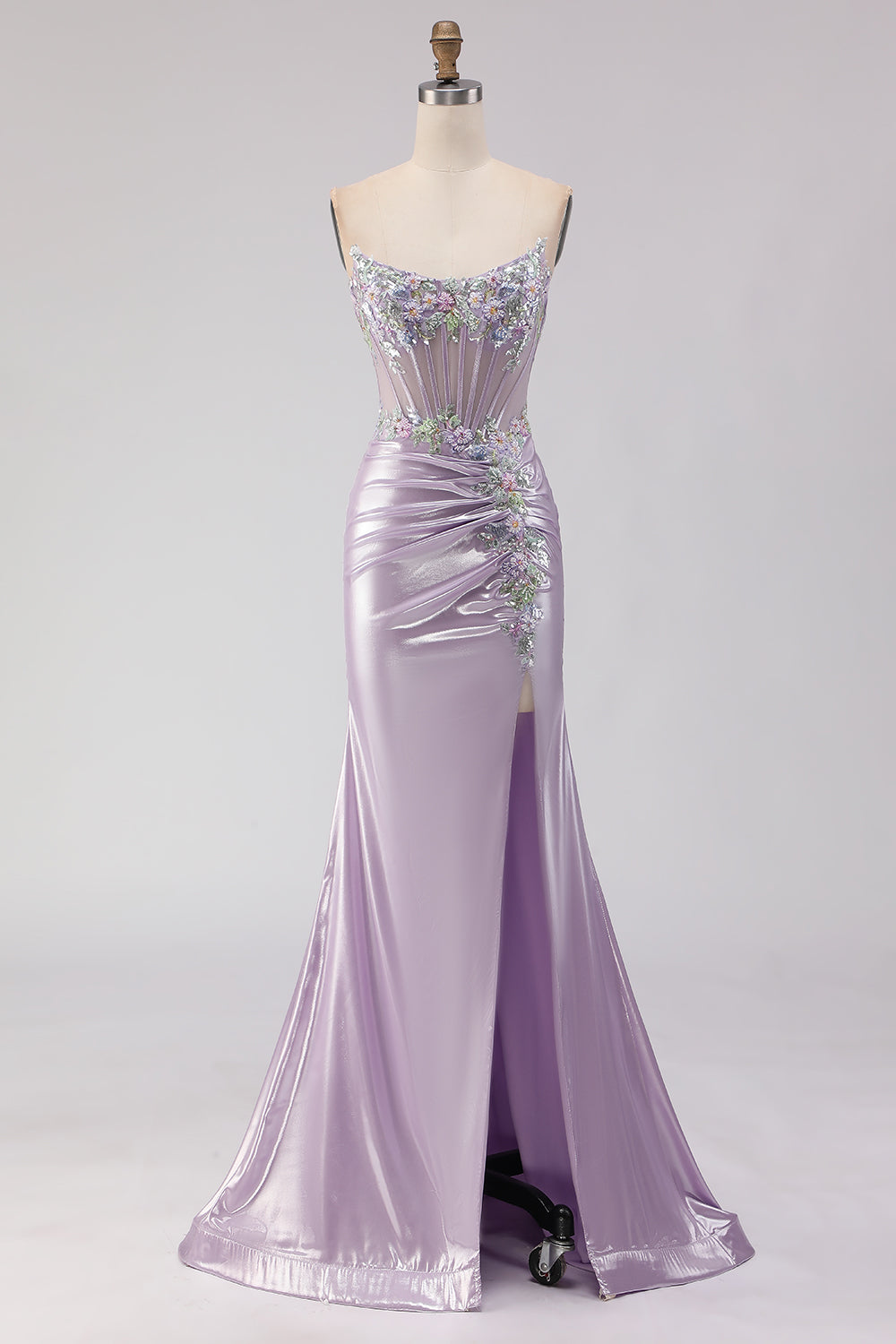 Sparkly Light Purple Mermaid Floral Long Corset Prom Dress with Beading